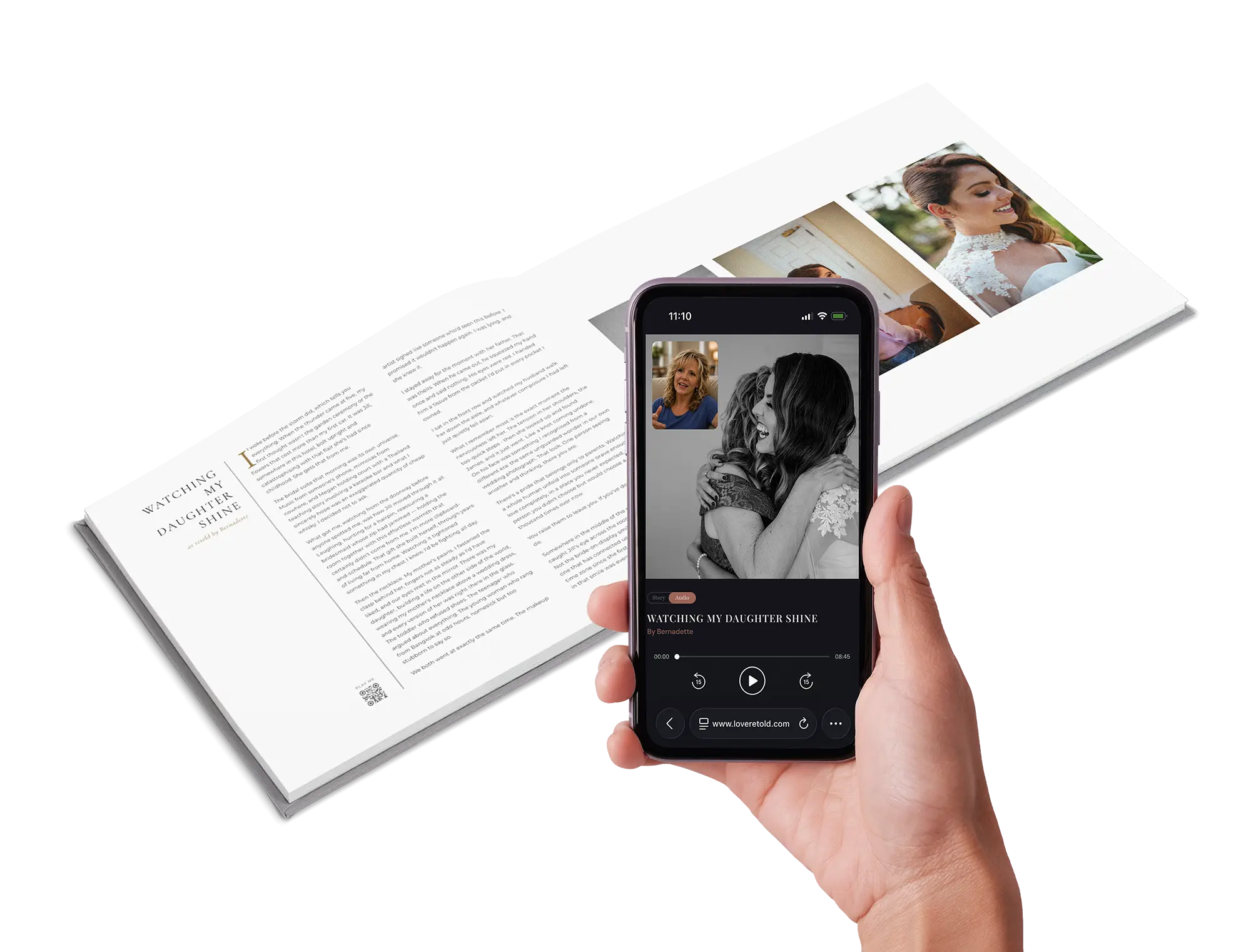 A hand holding a phone scans the QR code on an open wedding album page.