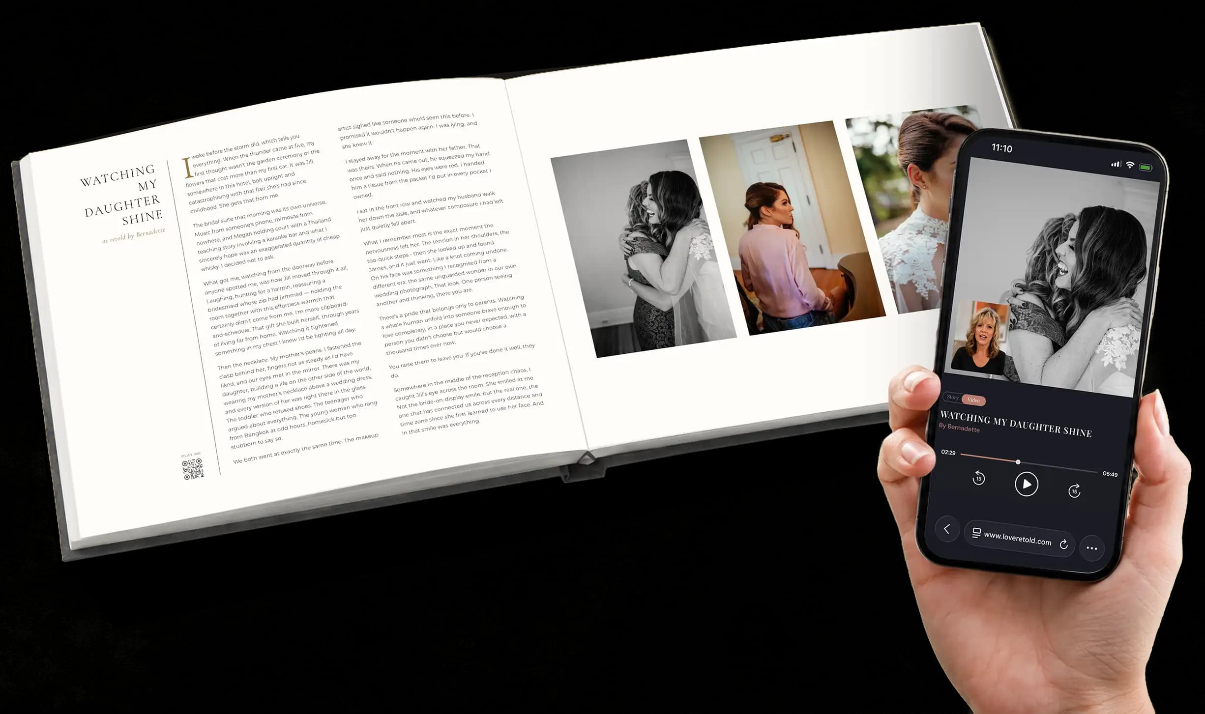 Love Retold book open with phone scanning a QR code to hear a voice recording